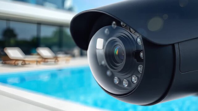 Close-up rotating security camera with infrared LEDs, monitoring a luxury villa and swimming pool, symbolizing surveillance, safety, and protection in a modern residential setting, seamless loop.