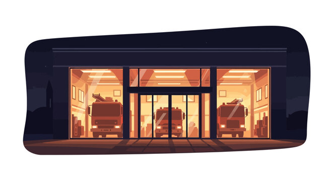 Vector illustration of a fire station at night showcasing three fire trucks inside with warm lighting, the design set against a clean white background in a cartoon style, conveying a sense