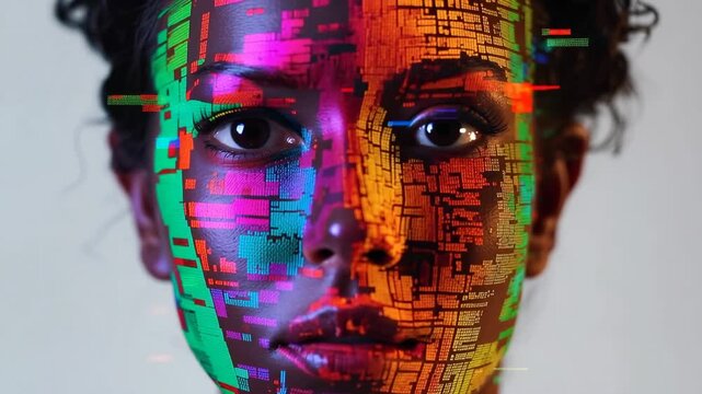 Colorful circuit board pattern projected across a woman's face, blending human beauty with neon AI circuitry to evoke cyberpunk tech, digital connection, and futuristic identity