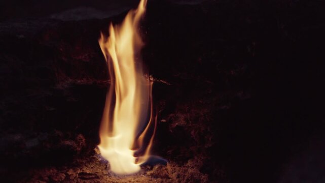 4K footage of fires of Yanartas at night on Mount Chimaera on popular hiking Lycian Way (Likya Yolu) in Antalya Province, Turkey. Unique Geothermal phenomenon.