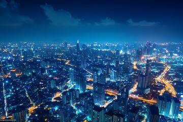 Fototapeta premium Aerial view of Bangkok Thailand cityscape, skyscrapers illuminated at night, urban landscape