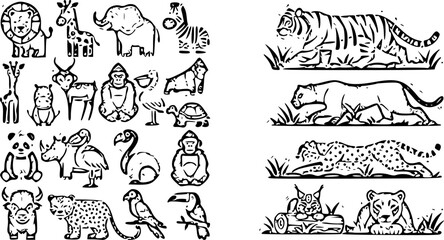 Naklejka premium wild animal cartoon icons collection with detailed big cat illustrations tiger cheetah leopard and lioness vector illustration