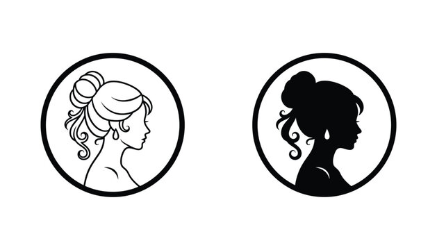 Elegant woman profile silhouette in circular frame illustration showing beauty salon logo concept with line art and filled versions