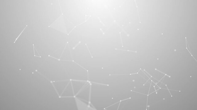 Minimal white polygonal network with connecting lines and dots, abstract technology background with soft motion, data structure, and clean modern depth