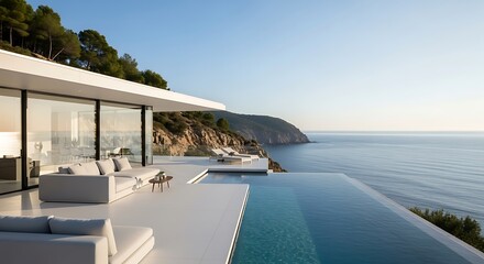 Fototapeta premium Modern luxury villa with infinity pool and terrace overlooking the ocean at sunset