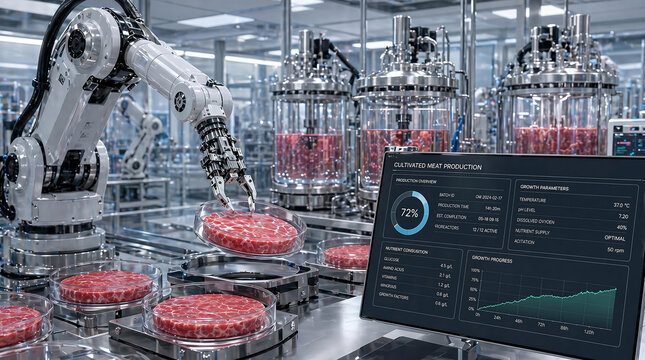 Close-up of robotic manipulator handling cultivated meat in a sterile biotechnology laboratory
