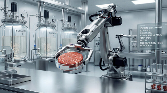 Close-up of robotic manipulator handling cultivated meat in a sterile biotechnology laboratory