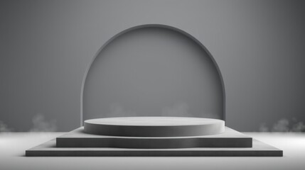 Fototapeta premium Minimalist stage design. Gray tones dominate, creating elegant presentation space. Circular platform under arched backdrop. Simple, modern aesthetic.