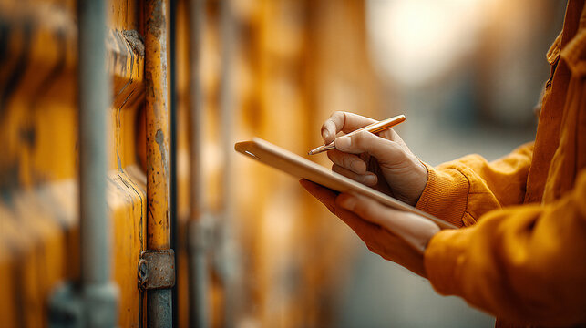 Logistician using a tablet to check cargo seal and container integrity