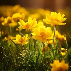 Obraz premium Close-up of bright yellow wildflowers in grass