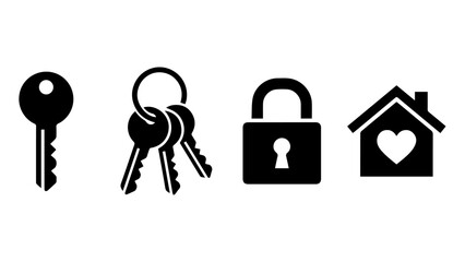 Set of black icons representing keys lock house with heart symbol real estate collection © Md