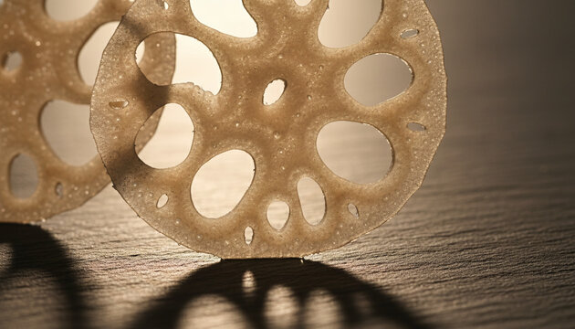 Translucent lotus root slice macro with natural geometric holes pattern