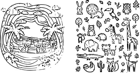 Obraz premium Hand drawn cute jungle safari animal icons collection with circular tropical landscape scene doodle sketch style vector illustration