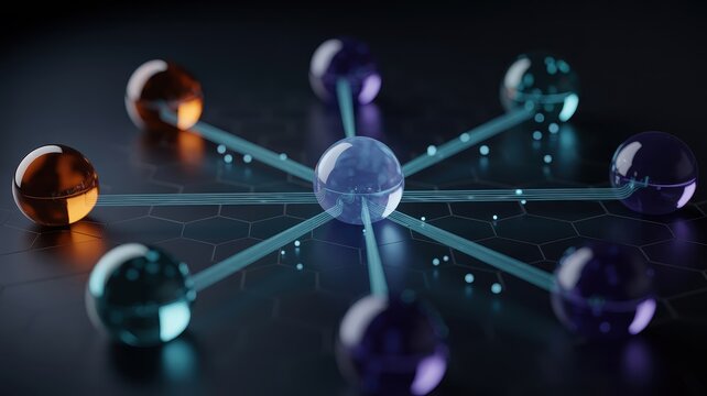 3D render of a centralized network hub with glass spheres connected on a dark hexagonal grid background.