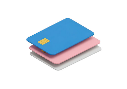 Stack of three flat-pack credit or debit cards in different colors