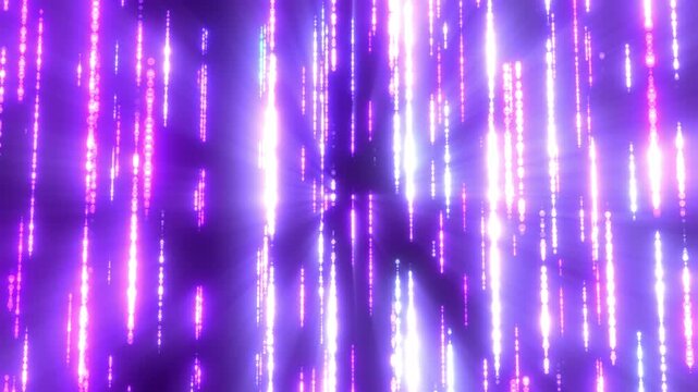 Purple glowing vertical light streaks with bright highlights, abstract digital rain, futuristic background with depth, smooth motion and vibrant neon energy.