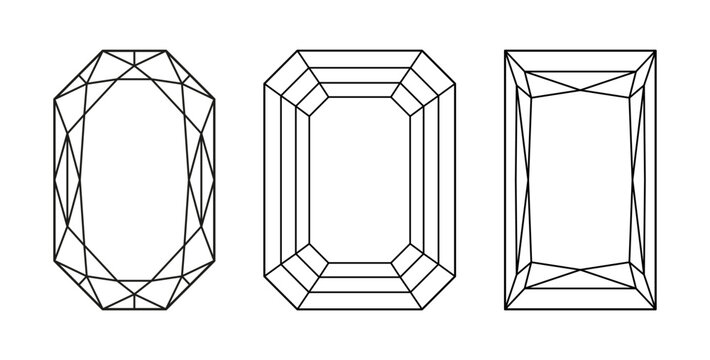 Diamond Radiant, Emerald, Princess cut shape. Design diagram. Set of Brilliant Phoenix Radiant, Emerald, Princess cut pattern. Gemstone outline icon for jewellery design, branding, packaging, logo.