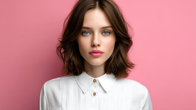 Young woman with short brown hair, blue eyes, white shirt, pink background, natural makeup, confident expression, studio portrait