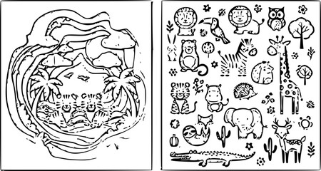 Obraz premium Hand drawn cute jungle safari animal icons collection with circular tropical landscape scene doodle sketch style vector illustration