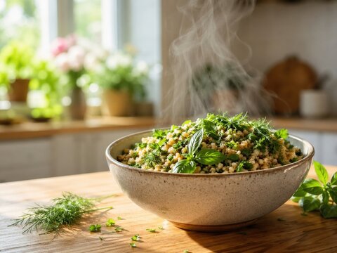 Herbes fra&icirc;ches et c&eacute;r&eacute;ales fumantes en cuisine