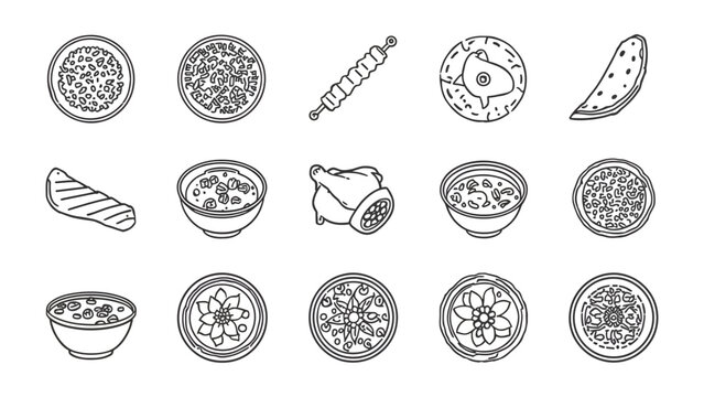 A Culinary Collection: An artistic compilation of various food icons, showcasing a diverse range of dishes from savory stews and grilled meats to sweet desserts and pizzas, presented in a clean.