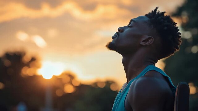Profile of a tired african american athlete cooling down and breathing deeply after an intense workout, sitting outdoors in a park with a beautiful sunset in the background