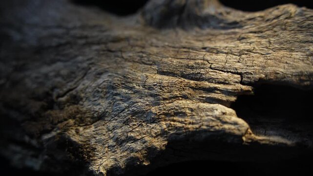 Wood bark edge over dark void with warm light cinematic texture