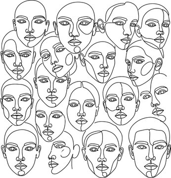 Continuous line pattern of multiple human faces, black and white