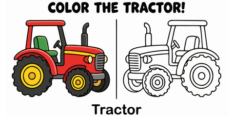 Tractor Coloring Page for Kids, Cute Farm Vehicle Vector Illustration for Education © D Studio Stock