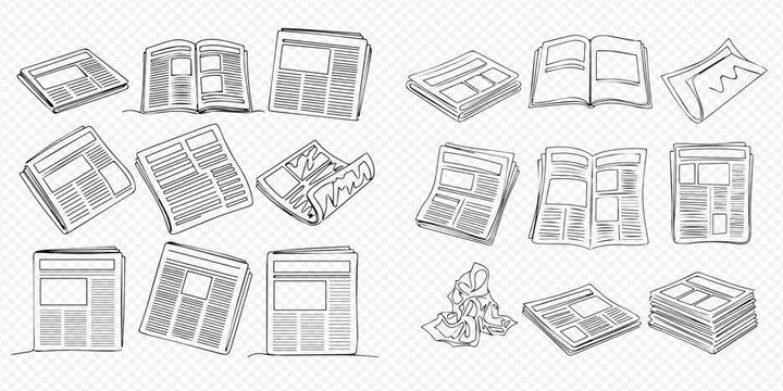Newspaper sketch set with various newsprint pages and folded journals, hand-drawn vector illustration.