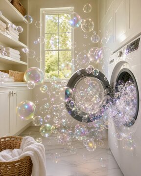 Bulles iris&eacute;es sortant d&rsquo;une machine &agrave; laver
