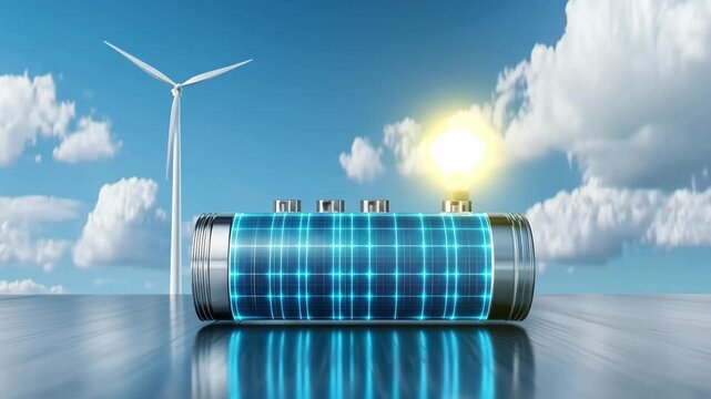 A battery generates light energy next to a wind turbine under a clear blue sky with clouds