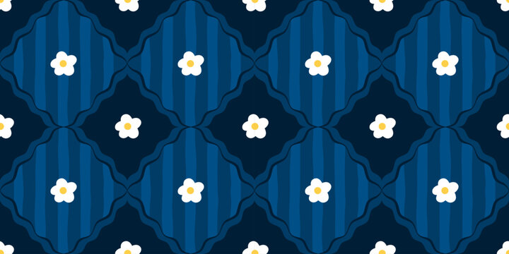 Check pattern pastel flower spring gingham daisy with cute seamless. Plaid and retro dot set for fabric or illustration bloom. Pink geometric motifs on summertime bg through stripes icons.