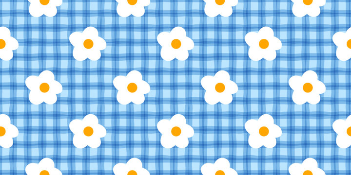 Plaid gingham and cute pastel spring flower daisy check seamless. Pattern with tiny blue and pink geometric print. Background or textile kawaii checkered bloom vector illustration.