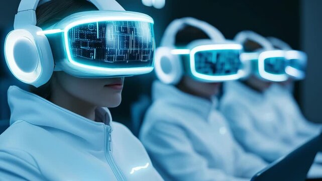 Three young people wear virtual reality headsets while engaging with digital content in a modern gaming environment