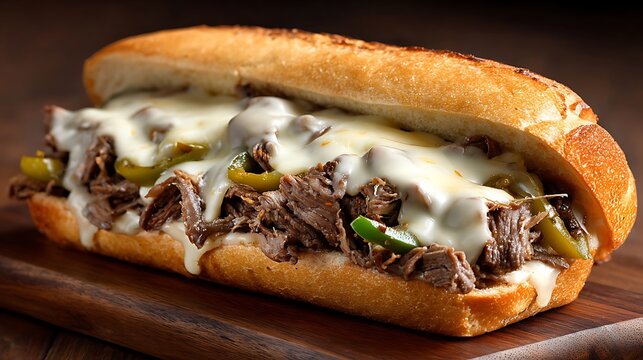 Philly cheesesteak sandwich with melted cheese and peppers.