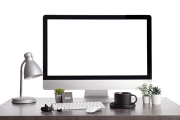 Fototapeta premium Table with blank computer monitor, cup of coffee and calendar isolated on white background