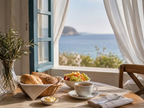 Petit d&eacute;jeuner c&ocirc;tier pr&egrave;s d&rsquo;une fen&ecirc;tre ouverte