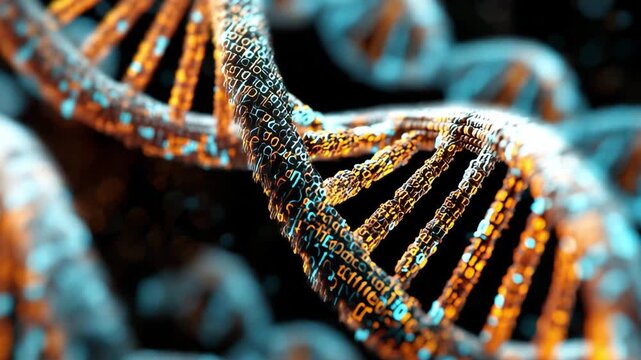 Detailed structure of DNA as it highlights its double helix shape and digital elements over a dark background