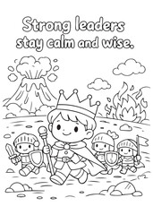 Fototapeta premium coloring book page strong king staying calm and wise while leading companions in the volcanic field