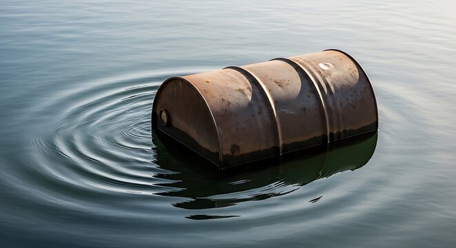 Rusty metal oil barrel floating on dark water surface with circular ripples around the heavy container. 55 gallon