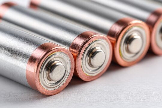 Close-up view of multiple alkaline batteries aligned in parallel, showcasing their copper terminals and metallic cylinders