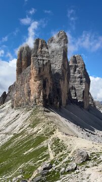 Breathtaking view of Tre Cime di Lavaredo on the circular trail in the Dolomites, UNESCO World Heritage, Italy