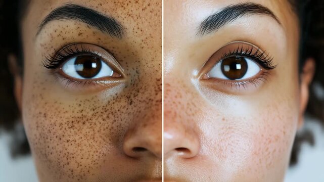 Close up look at skin differences caused by a skincare treatment in bright lighting. Comparison of clear skin and pigmentation