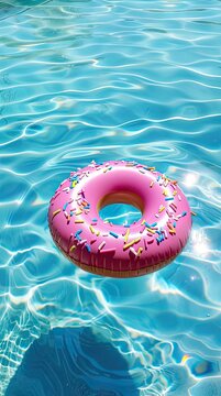 A pink donut with sprinkles is floating on the azure water of a pool