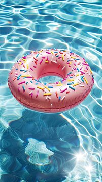 A pink donut with sprinkles is floating on the azure water of a pool