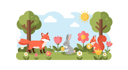 Obraz premium A cheerful and playful illustration of a meadow scene, evoking feelings of joy and tranquility. Perfect for children's content, marketing materials, o