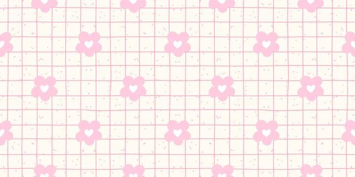 Check daisy and spring with plaid flower pattern seamless. Pastel gingham and cute springtime details for retro background. Chrysanthemum and summertime motifs with tiny squares dots.