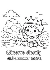 Fototapeta premium coloring book page curious king observing closely to discover more in the volcanic area