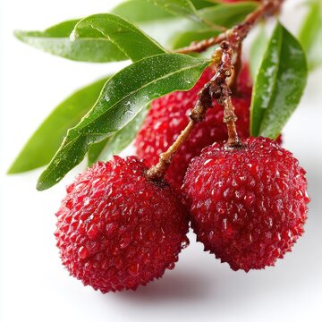 Fresh Red Bayberries with Water Droplets on a Branch with Green Leaves